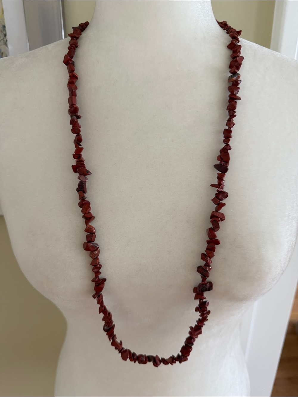 VINTAGE NATURAL RED JASPER CHIP BEAD NECKLACE Endless 35”Strand Boho Gemstone